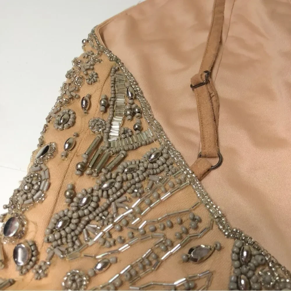 X by NBD Pandora Romper Champagne Allover Beading Plunging Lace Up Festival - Picture 11 of 15